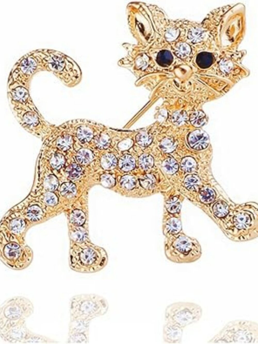 Cat Brooch Pin Rhinestone w Gold Sparkle Crystal Brooch Cute‎ Clothing Hat